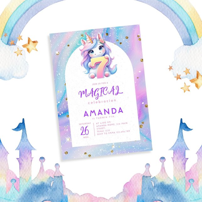 Pastel Cute Unicorn Girl 7:e Birthday Inbjudningar (Skapare uppladdad)