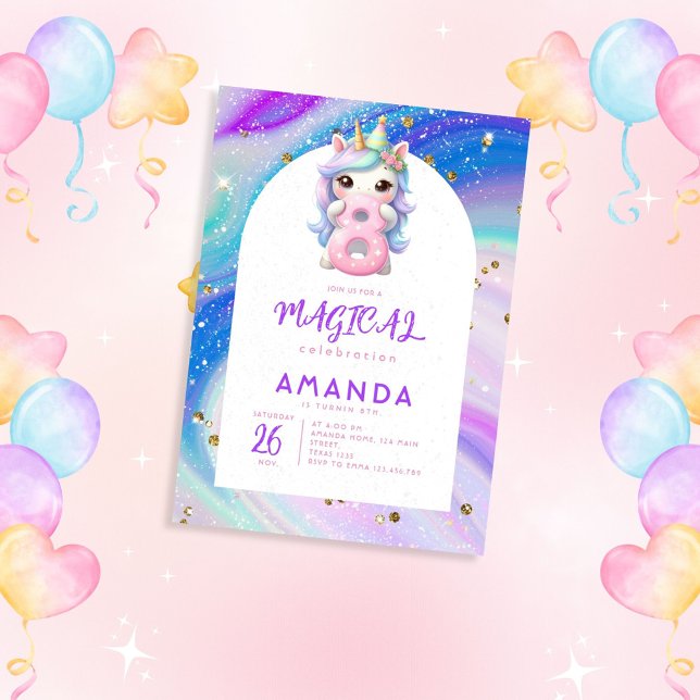 Pastel Cute Unicorn Girl 8:e födelsedagen Inbjudningar (Skapare uppladdad)