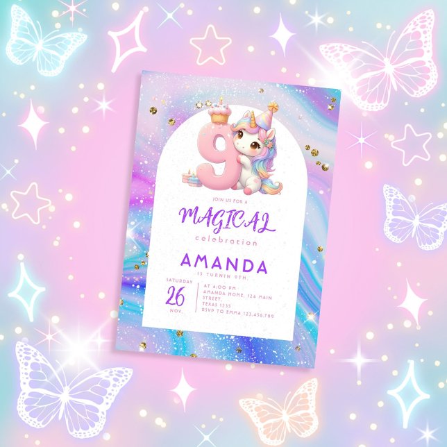 Pastel Cute Unicorn Girl 9:e födelsedagsinbjudan Inbjudningar (Skapare uppladdad)