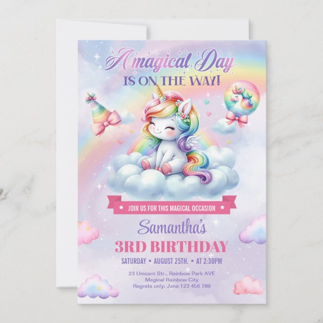 Pastel Cute Unicorn på en molnflicka tredje födels Inbjudningar (Framsida)