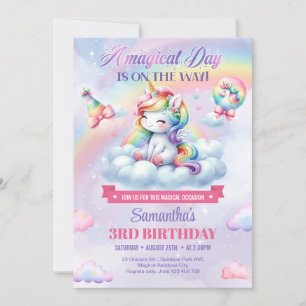 Pastel Cute Unicorn på en molnflicka tredje födels Inbjudningar