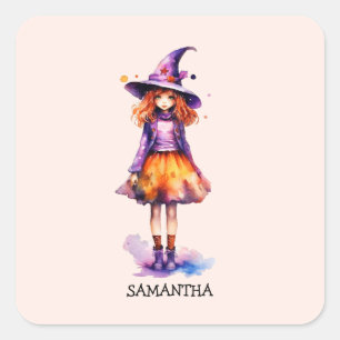 Pastel Cute Witch Girl - Halloween Aesthetic (2) Fyrkantigt Klistermärke