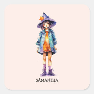 Pastel Cute Witch Girl Halloween Aesthetic Fyrkantigt Klistermärke