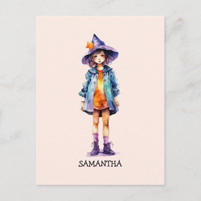 Pastel Cute Witch Girl Halloween Aesthetic Vykort (Framsida)