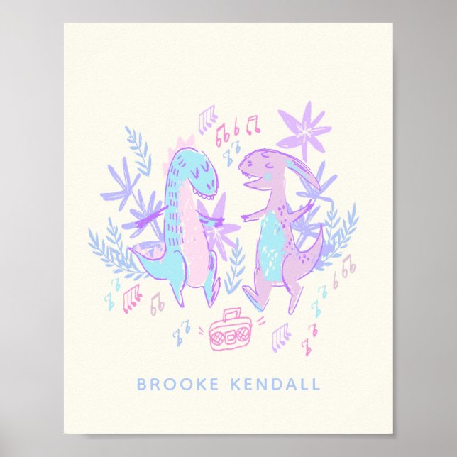 Pastel Dancing Dinosaurs Lila Blue Personlig Poster (Framsidan)