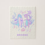 Pastel Dancing Dinosaurs Lila Blue Personlig Pussel<br><div class="desc">Det här söta pusslet har en söt illustration av ett par dansande dinosaurier i pastellernas lila,  blått och rosa. Anpassa det med ditt namn. Underbar presentidé!</div>