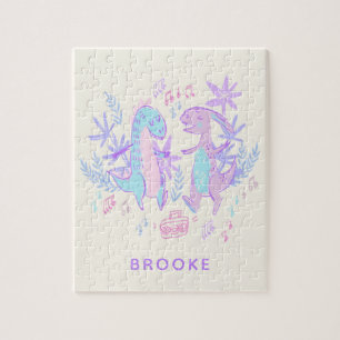 Pastel Dancing Dinosaurs Lila Blue Personlig Pussel
