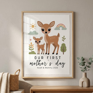 Pastel Deer Mom Baby First Mothers Day Nursery Poster