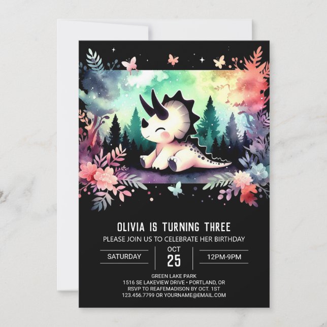 Pastel Dino Triceratops Birthday Inbjudningar (Framsida)