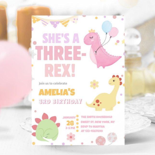 Pastel Dinosaur 3:e födelsedag Rosa 3 Rex Dino Inbjudningar (Skapare uppladdad)