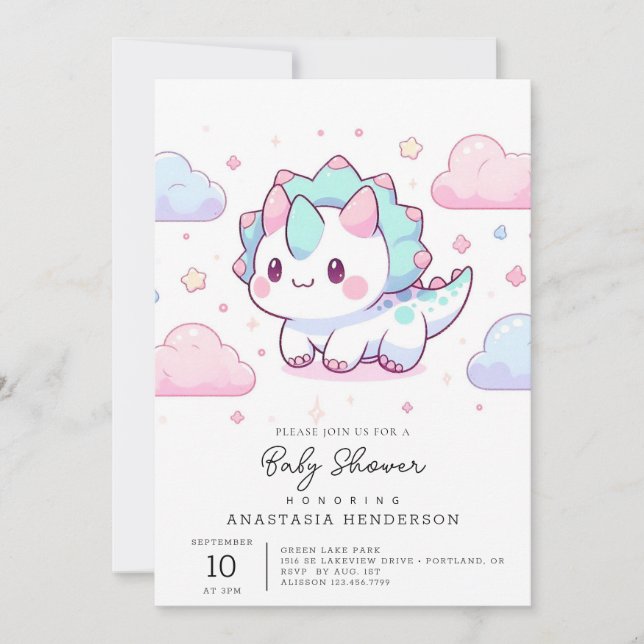 Pastel Dinosaur Baby Shower Inbjudningar (Framsida)