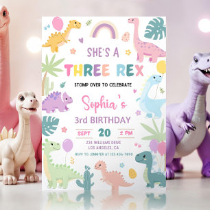 Pastel Dinosaur Birthday Dino Girl Three Rex Party Inbjudningar