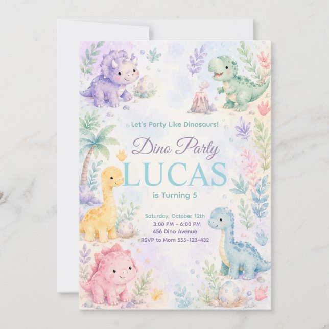 Pastel Dinosaur Birthday Invitation Editable Inbjudningar (Framsida)