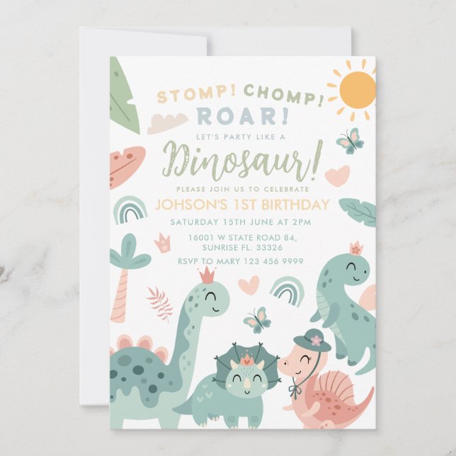 Pastel Dinosaur Stomp Chomp Roar 1:a födelsedagen Inbjudningar (Framsida)