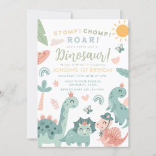Pastel Dinosaur Stomp Chomp Roar 1:a födelsedagen Inbjudningar