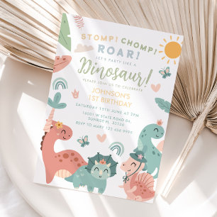 Pastel Dinosaur Stomp Chomp Roar 1:a födelsedagen Inbjudningar