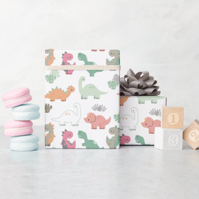 Pastel Dinosaurs på vit bakgrund Presentpapper (Baby Shower)