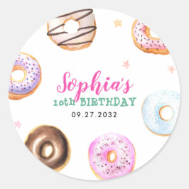 Pastel Donut Star Sprinkles Rosa Script Birthday Runt Klistermärke
