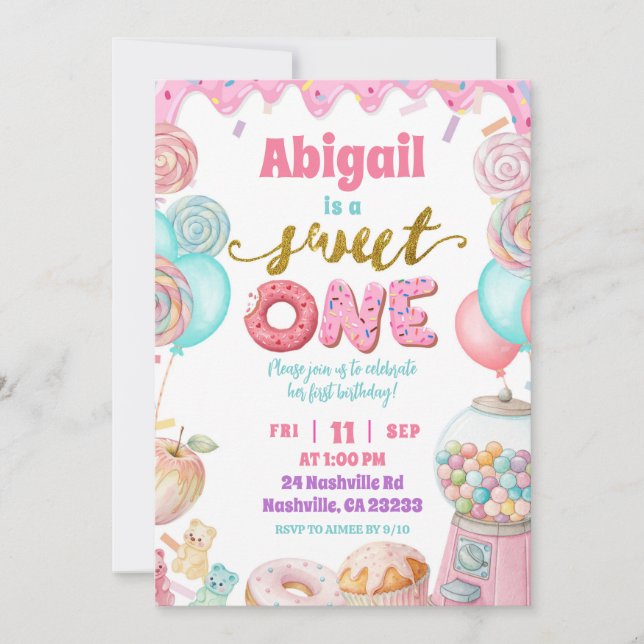 Pastel Donut SweetOne First Birthday party Invitat Inbjudningar (Framsida)