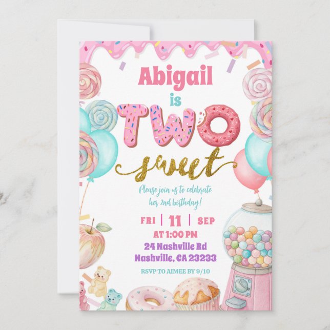 Pastel Donut Two Sweet 2nd Birthday party Invitati Inbjudningar (Framsida)