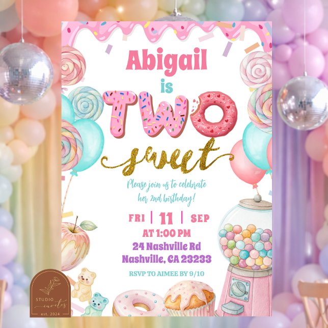 Pastel Donut Two Sweet 2nd Birthday party Invitati Inbjudningar (Skapare uppladdad)