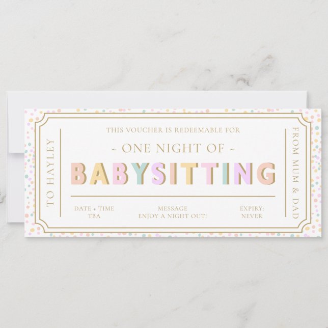 Pastel Dot Babysit Gift Voucher-kort Inbjudningar (Framsida)