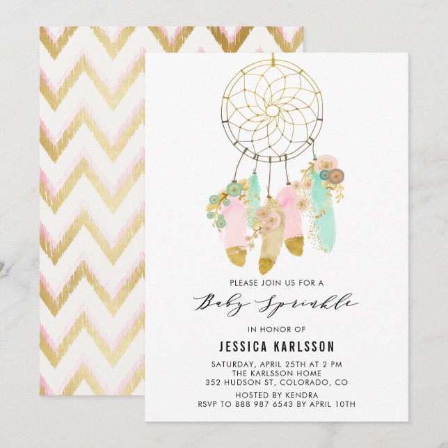Pastel Dreamcatcher Faux Gold Foil Baby Sprinkle Inbjudningar (Fram/baksida)