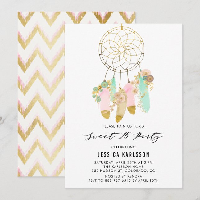 Pastel Dreamcatcher Faux Gold Foil Sweet 16 Party Inbjudningar (Fram/baksida)