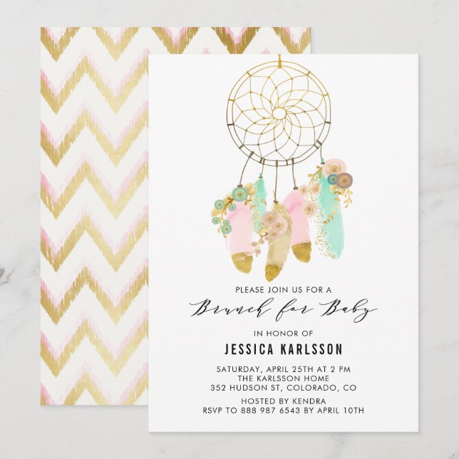 Pastel Dreamcatcher Gold Foil Baby Shower Brunch Inbjudningar (Fram/baksida)