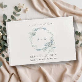 Pastel Dusky Blue Blommigt Wandan Bröllop Monogram Gästböcker