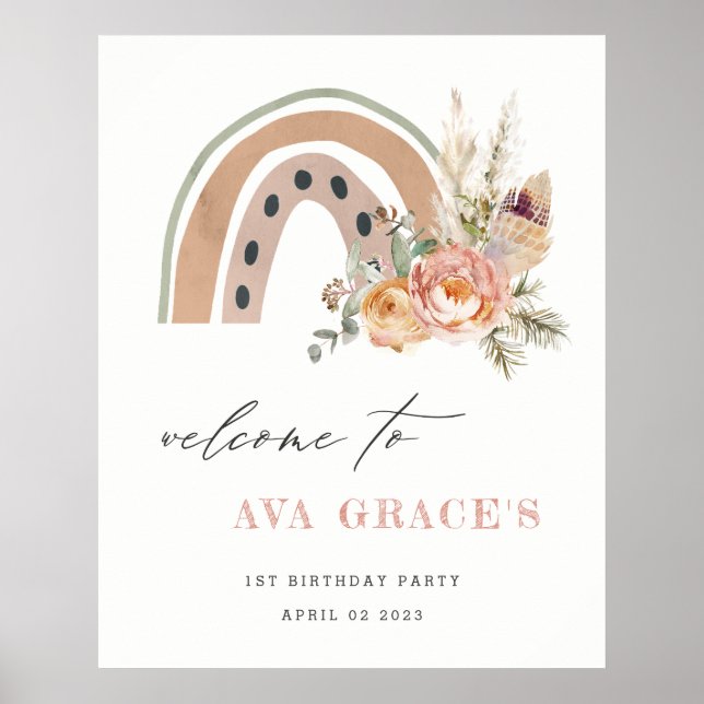 Pastel Dusky Boho Blommigt Rainbow Birthday Välkom Poster (Framsidan)