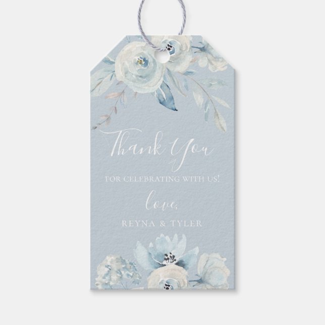 Pastel Dusty Blue - Blommigt Tack Presentetikett (Framsidan)