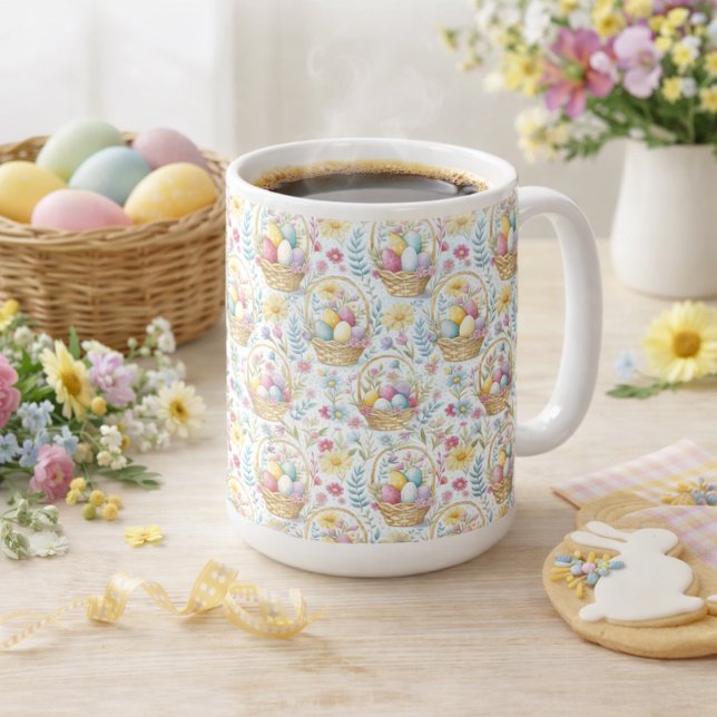Pastel Easter Basket Pattern with Spring Florals Kaffemugg (Skapare uppladdad)
