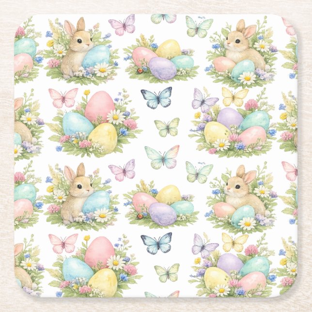 Pastel Easter Eggs & Bunnies Flowers & Butterflies Underlägg Papper Kvadrat (Framsidan)