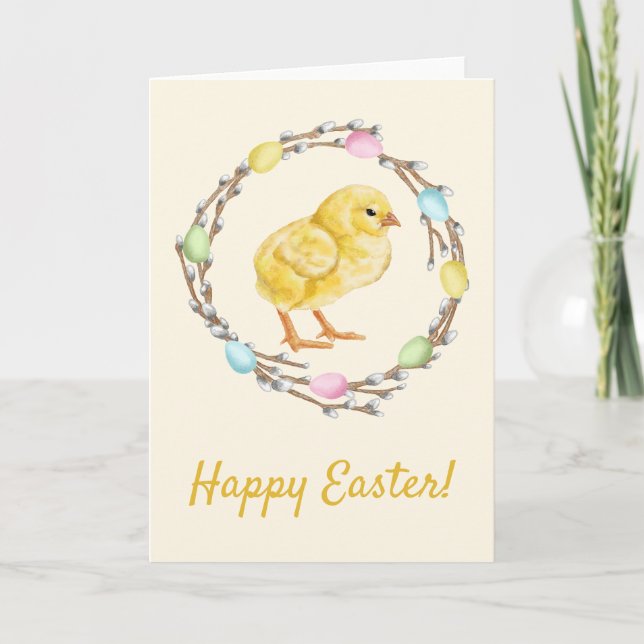 Pastel Easter Willow Wreath With Baby Chick Kort (Framsida)