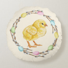 Pastel Easter Willow Wreath With Baby Chick Rund Kudde
