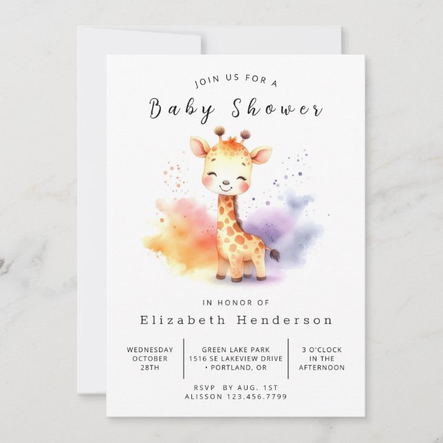 Pastel Editable Giraffe Baby Shower Inbjudningar (Framsida)