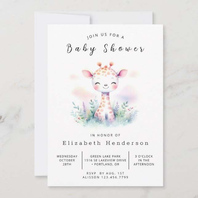 Pastel Editable Giraffe Baby Shower Inbjudningar (Framsida)