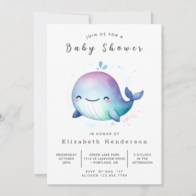 Pastel Editable Whale Baby Shower Inbjudningar (Framsida)