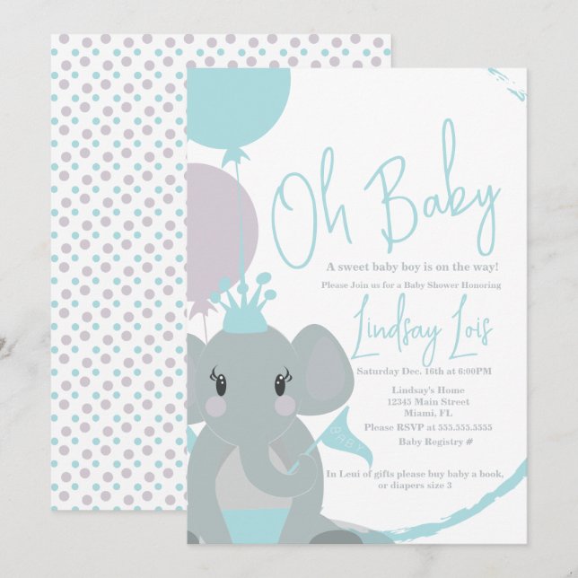 Pastel Elephant Flicka Script Baby Shower Inbjudningar (Fram/baksida)