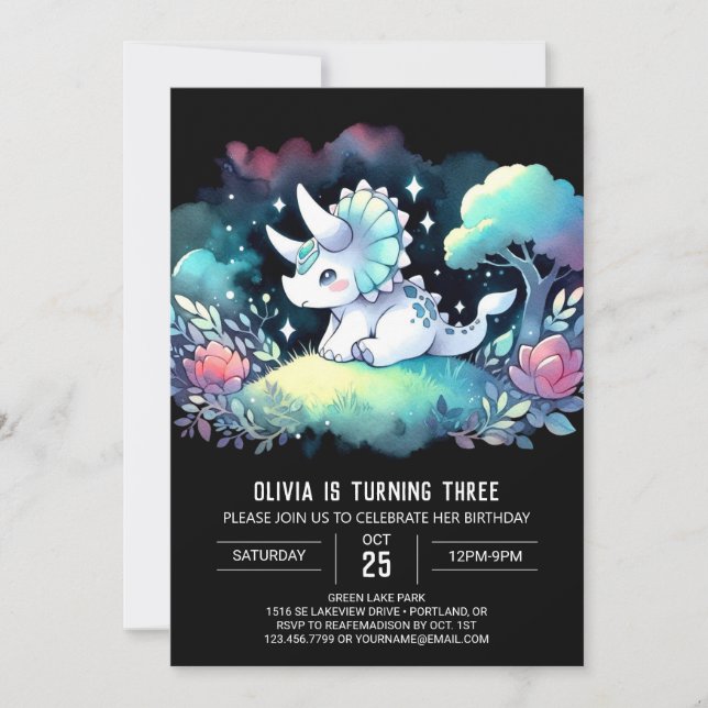 Pastel Enchanted Triceratops Birthday Inbjudningar (Framsida)
