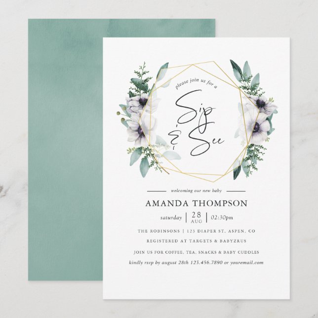 Pastel Eucalyptus Anemone Geometric Sip och se Inbjudningar (Fram/baksida)