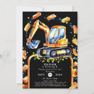 Pastel Excavator Construction Birthday Inbjudningar