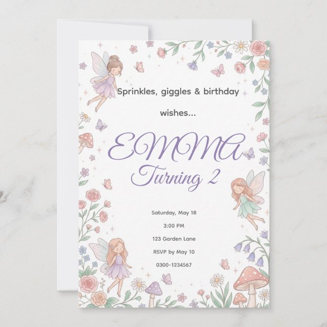 Pastel Fairy Garden Birthday Invitation | Editable Inbjudningar (Framsida)
