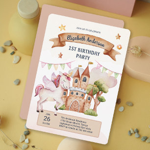 Pastel Fairytale Unicorn Castle Girl Birthday Inbjudningar