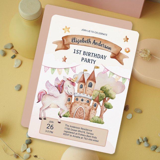 Pastel Fairytale Unicorn Castle Girl Birthday Inbjudningar (Pastel Fairytale Unicorn Castle Kids Birthday Invitation)