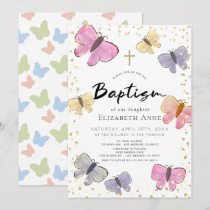 Pastel Färg Butterfly Girl Baptism Inbjudningar