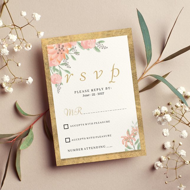Pastel färg guld blommigt  ram OSA Inbjudningar (Pastel colors gold watercolor floral frame RSVP )