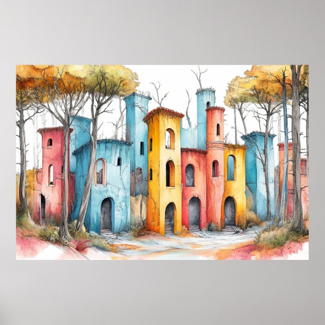 Pastel Färg Teckning i Castle Fortress Illustratio Poster (Framsidan)