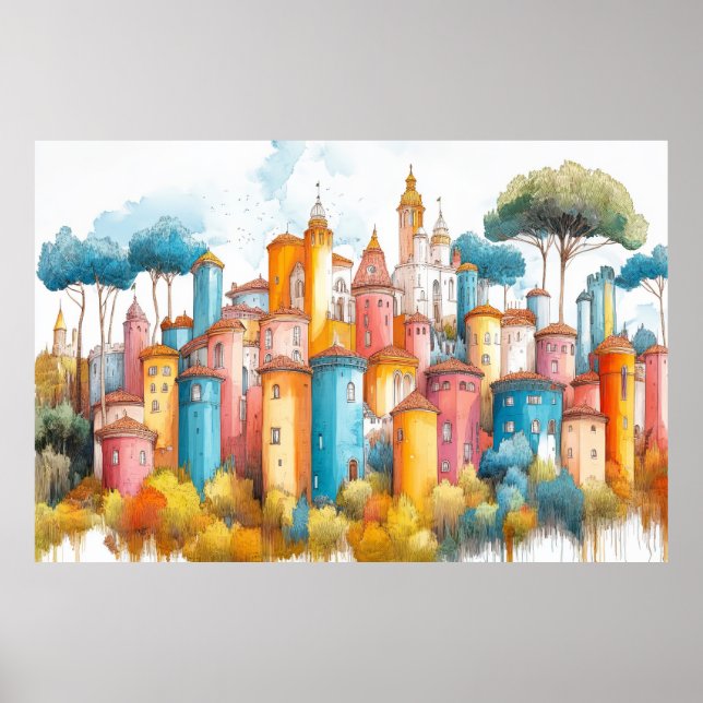 Pastel Färg Teckning i Castle Fortress Illustratio Poster (Framsidan)